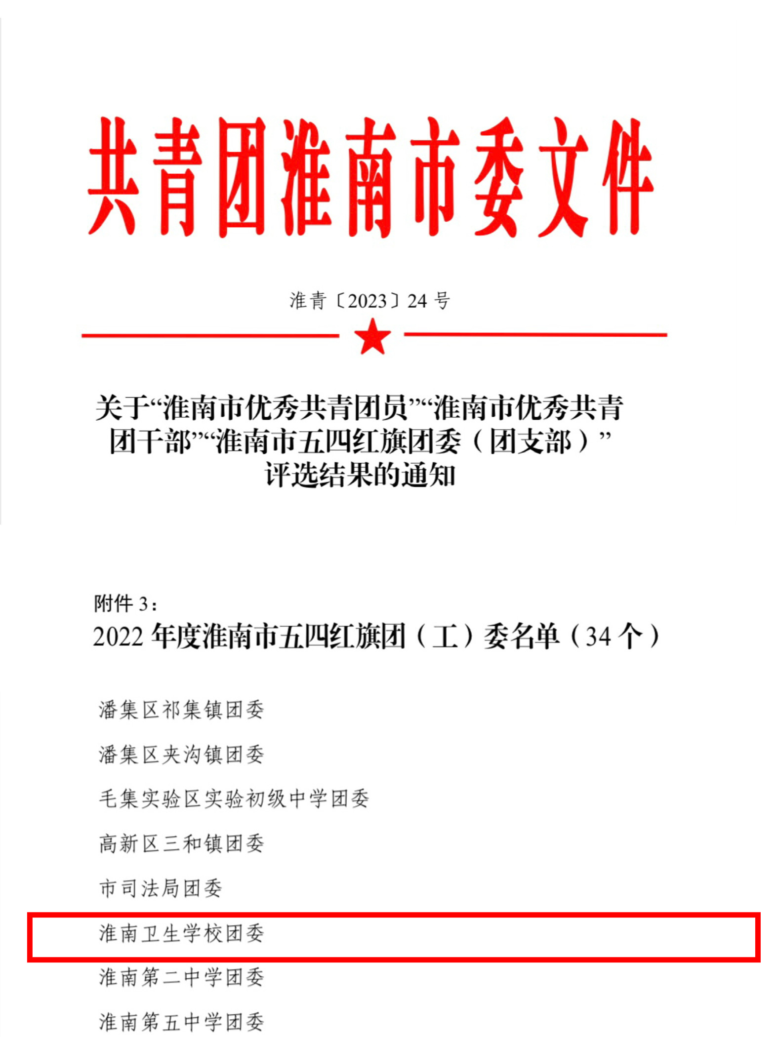 喜報(bào)——淮南衛(wèi)生學(xué)校榮獲“淮南市五四紅旗團(tuán)（工）委”稱(chēng)號(hào)